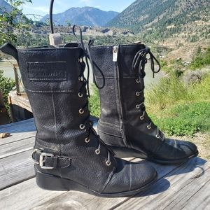 Michael Kors Black Leather Combat Boots Lace Up Mid Calf Biker Zip Size 6.5 to 7